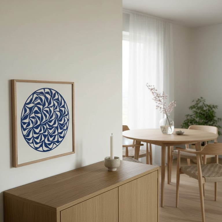 Stue med lyst træmøblement, rundt spisebord med fire stole, vase med blomster, grøn plante i hjørnet og abstrakt blåmaleri på væggen.
