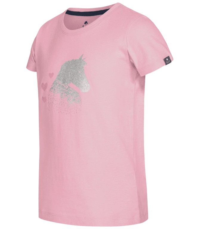 Rosa T-shirt med kort ærme, sølv glimmer enhjørning og pink hjerter på forsiden.