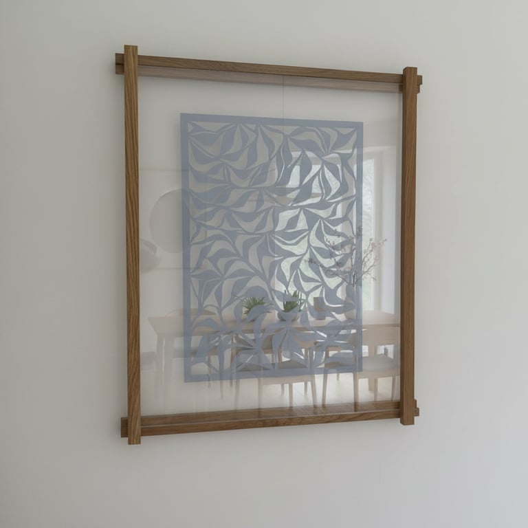 Spejl med firkantet, træramme, der reflekterer en spisestue med spisebord, stole og vægdekoration med bladmotiv.