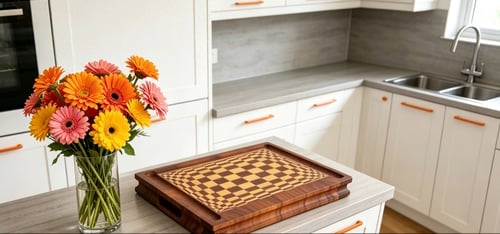 En buket farverige gerbera-blomster i en glasvase og et træ-skakbræt på en køkkenbordplade i et lyst køkken. (1)