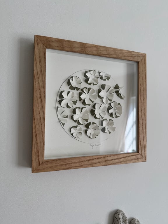 20x20cm, 3D papercut, hvid-oliven, indrammet  billede 2