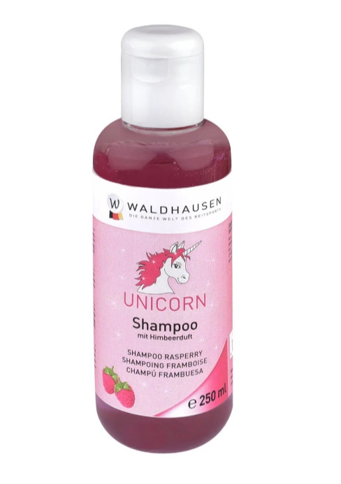 Flaske med Waldhausen Unicorn shampoo med hindbærduft, 250 ml, lyserød etiket med enhjørning og hindbærillustration.