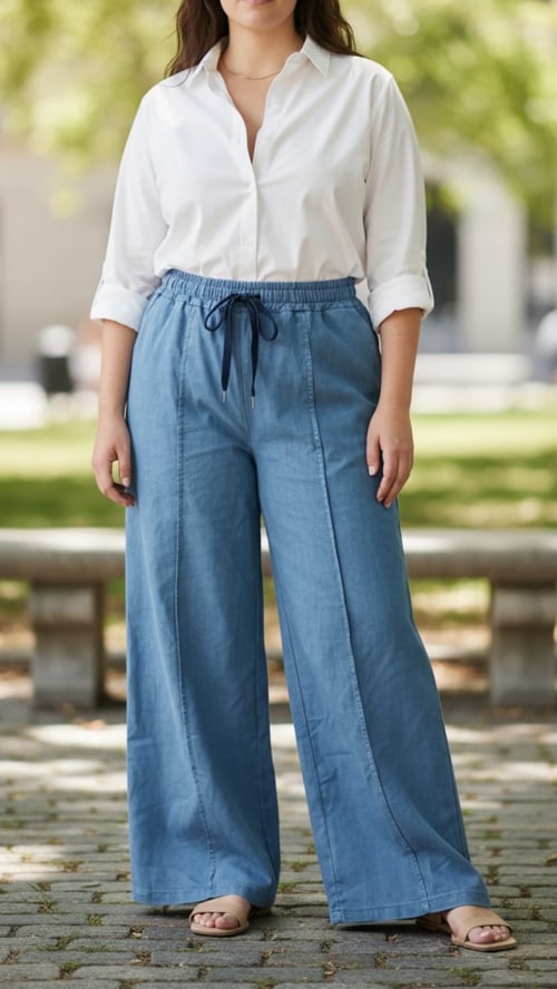 Person iført hvid skjorte med op-rullede ærmer, blå vidde bukser med snøre i taljen og sandaler, stående udendørs på brosten. (1)