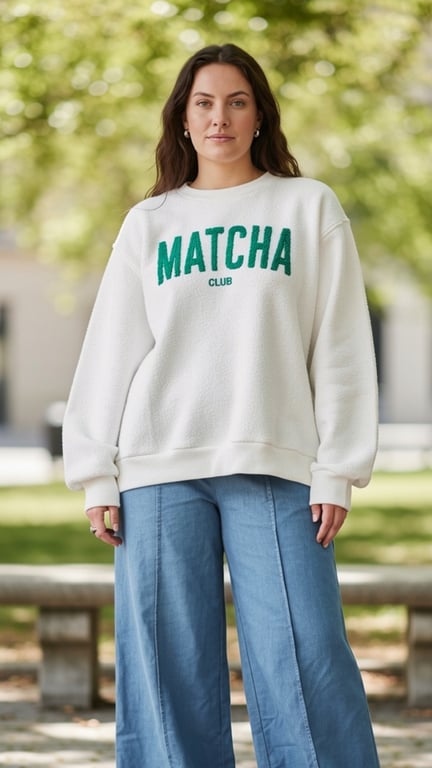 Kvinde iført hvid sweater med teksten "MATCHA CLUB" og blå bukser, stående udendørs med grønne træer i baggrunden.
