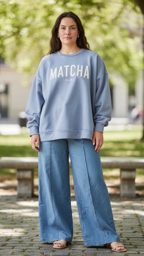 Kvinde iført lyseblå sweatshirt med teksten "MATCHA CLUB" og lyseblå vide bukser, stående udendørs med træer i baggrunden. (1)