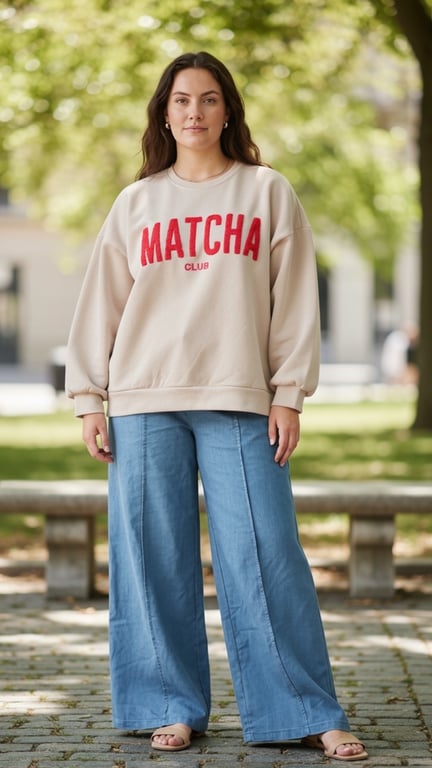 Kvinde iført lys sweatshirt med teksten "MATCHA CLUB" og vide blå bukser, stående udendørs med grønne træer i baggrunden.