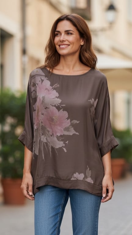 Kvinde iført løs, brun bluse med lyserøde blomster og blå jeans, smilende udendørs på en gade med sløret baggrund.