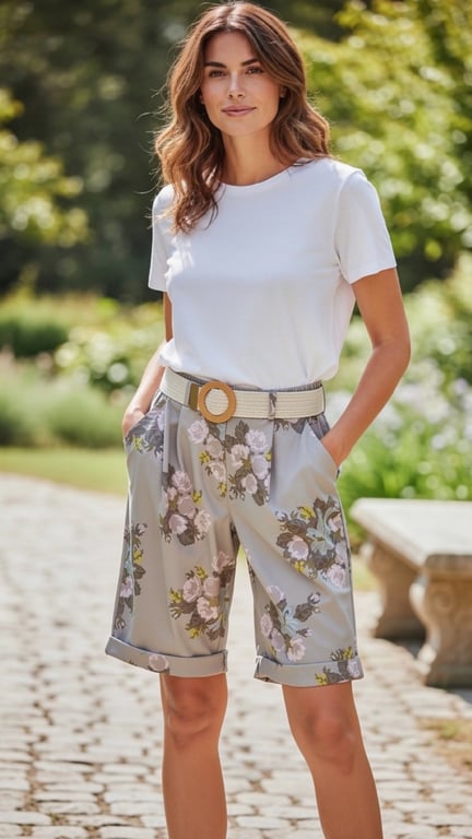 Kvinde iført hvid t-shirt og blomstrede bermudashorts med bælte, stående udendørs på en brolagt sti med grønne planter i baggrunden.