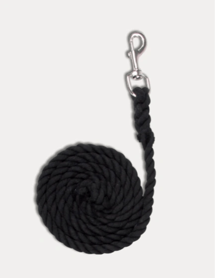 Sort flettet hundesnor med metalclips, rullet sammen på en lys baggrund. (1)