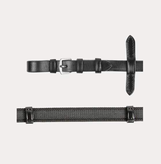 To sorte armbånd, hvoraf den øverste er lavet af læder med spænde, og den nederste er lavet af vævet materiale med 2 clips.