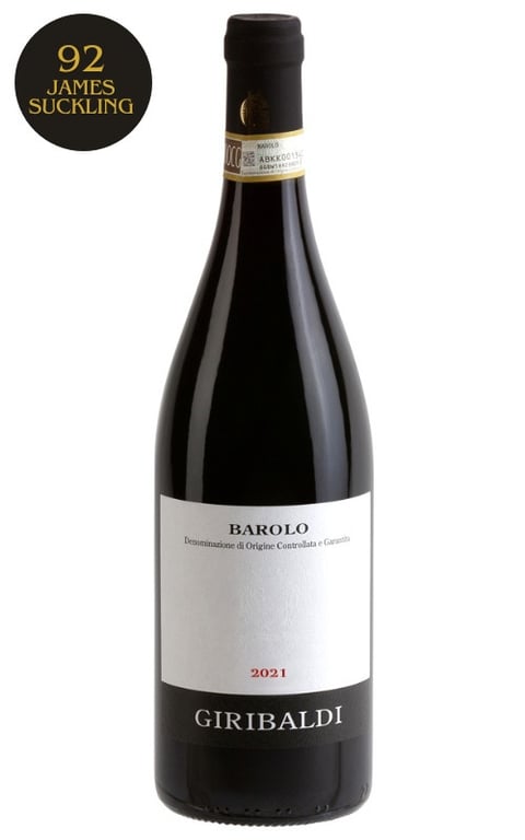 Flaske med Barolo rødvin fra Giribaldi årgang 2021 med en rating på 92 af James Suckling.