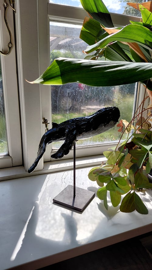 Sort hvalfigur på stativ placeret på en vindueskarm blandt grønne planter med sollys gennem vinduet. (1)