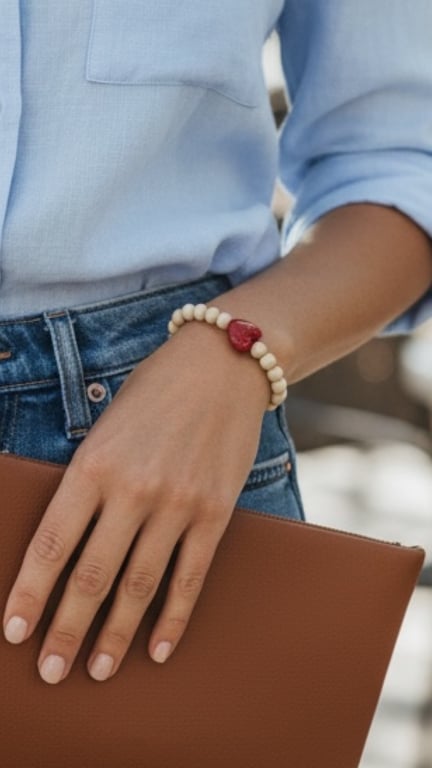 Nærbillede af en hånd med lys beige perlearmbånd med rød hjerteperle, iført lyseblå skjorte og blå jeans, der holder en brun taske.