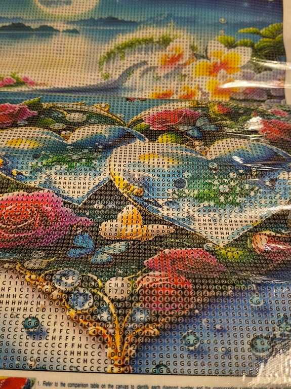 Billede af et diamantmaleri, der forestiller hjerter med blomster og sommerfugle i blå, pink og gule farver med en tropisk baggrund.