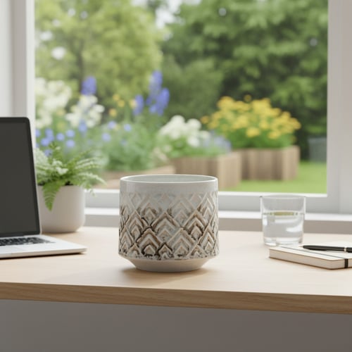 Bord med keramisk plantepotte, bærbar computer, glas vand, notesbog og pen ved vindue med udsigt til blomstrende have. (1)