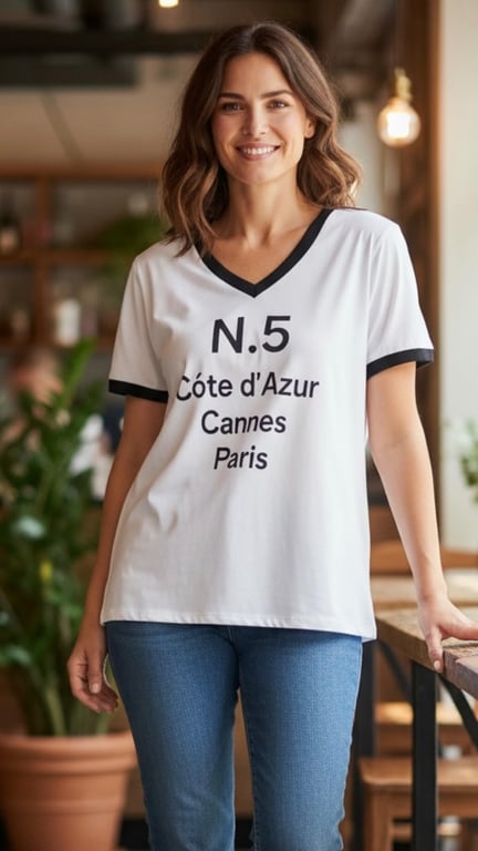 Kvinde iført hvid T-shirt med sort kant og tekst, står afslappet i et lyst rum med planter i baggrunden.
