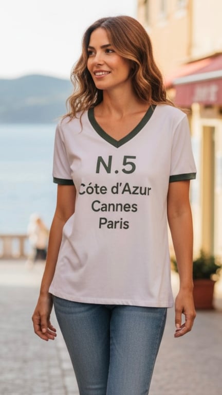 Kvinde med langt bølget hår iført hvid t-shirt med mørke kanter og tekst "N.5 Côte d'Azur Cannes Paris", gående udendørs langs en gade med havudsigt i baggrunden.