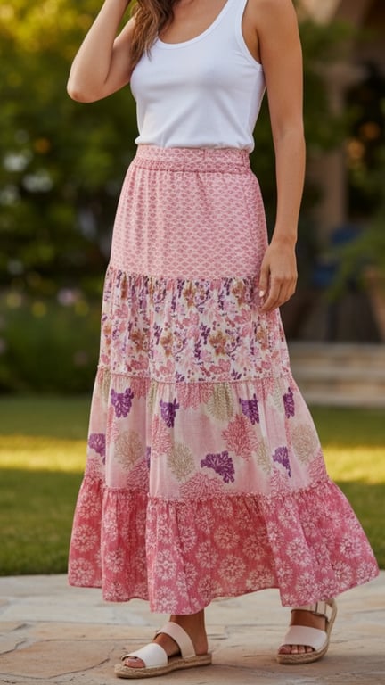 Kvinde iført hvid tanktop og lang, flerfarvet rosa nederdel med blomsterprint, stående udendørs.