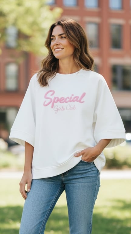 Kvinde iført hvid sweatshirt med teksten "Special Girls Club" og blå jeans, står udendørs med baggrund af bygninger og grøn natur.