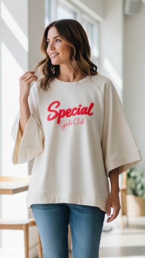 Kvinde iført lys bluse med teksten "Special Girls Club" og blå jeans, stående i lyst rum med store vinduer. (1)