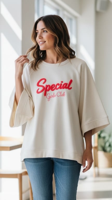 Kvinde iført lys bluse med teksten "Special Girls Club" og blå jeans, stående i lyst rum med store vinduer.