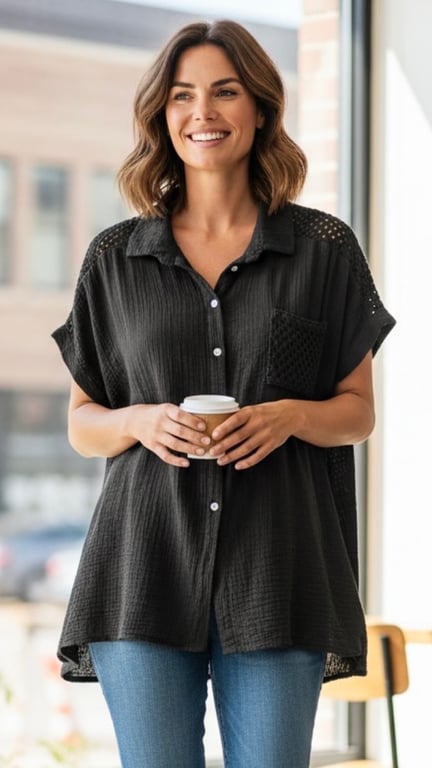 Kvinde med skulderlangt brunt hår iført sort løs skjorte og blå jeans, smilende og holdende en kop kaffe foran sig.