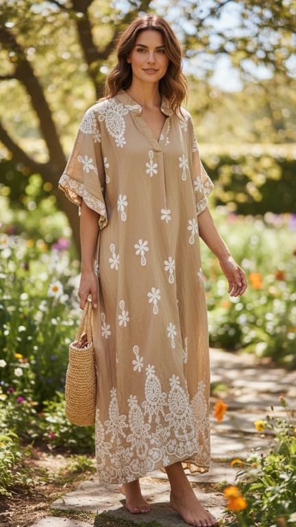 Kvinde iført beige lang kjole med hvide blomsterbroderier og bærer en flettet taske, gående barfodet i en blomstrende have.