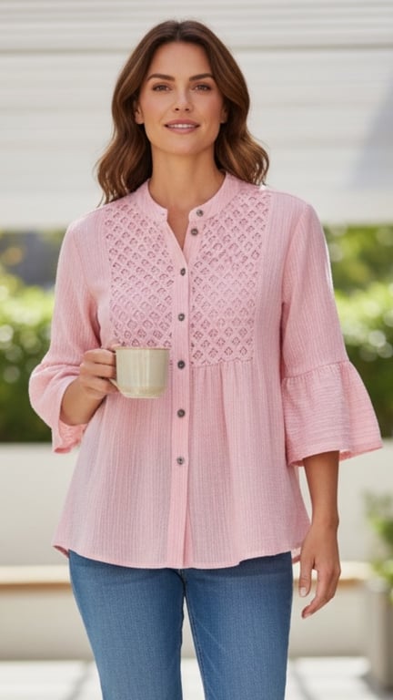 Kvinde iført lyserød bluse med knapper og broderi, der holder en kop, stående udenfor.