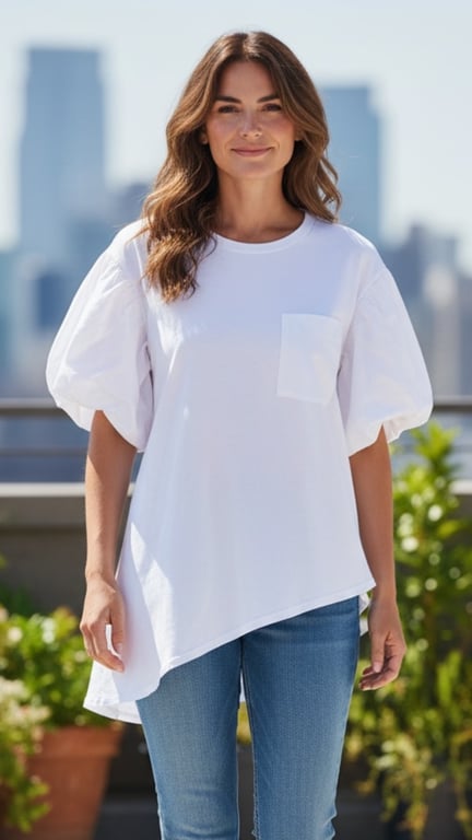 Kvinde iført hvid bluse med puffede ærmer og asymmetrisk kant, samt blå jeans, stående udendørs med bybaggrund.