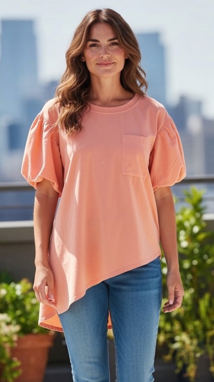 Kvinde med langt bølget hår iført en lys koralfarvet bluse med puffede ærmer og asymmetrisk kant samt blå jeans, stående udendørs med sløret bybaggrund.