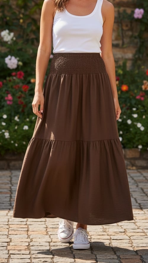 Kvinde iført hvidt ærmeløst top og lang brun nederdel med rynket talje, stående på brostensbelagt vej med blomster i baggrunden. (1)