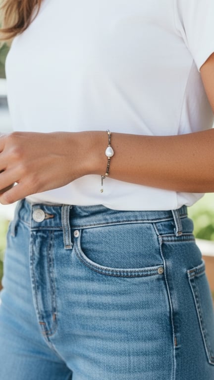 Kvinde iført lyseblå jeans og hvid t-shirt med armbånd med perle på venstre håndled.