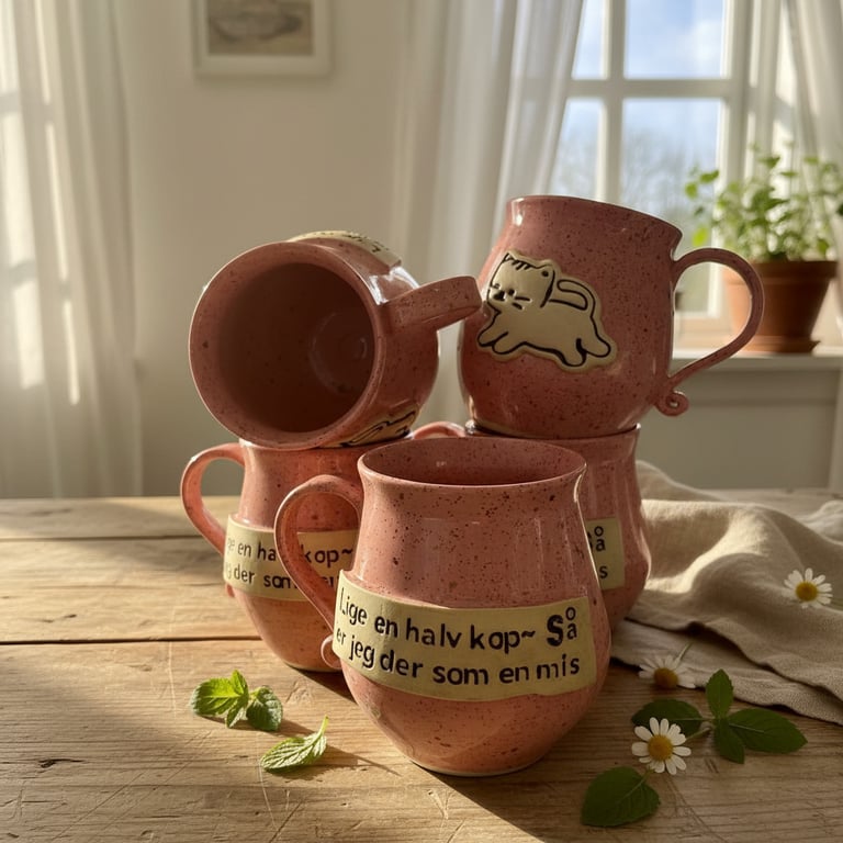 Keramik krus med tekst - Lige en halv kop, så er jeg der som en mis.