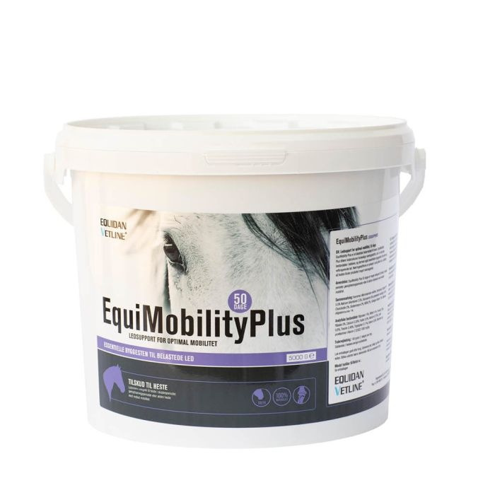 Bøtte med hestetilskuddet EquiMobilityPlus fra Equidan Vetline til ledsupport og optimal mobilitet.