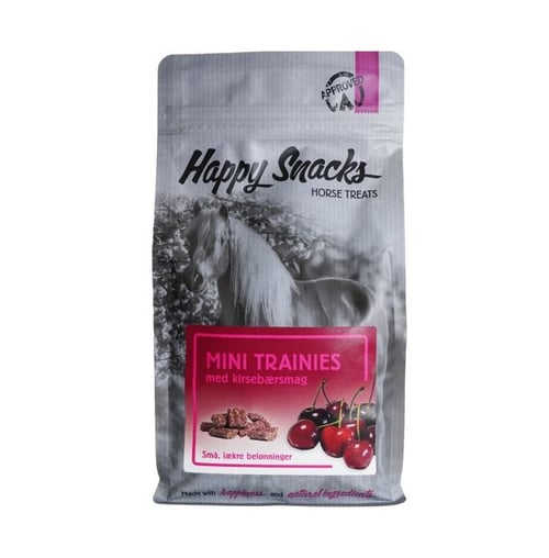 Pose med Happy Snacks Mini Trainies hestegodbidder med kirsebærsmag, motiv af hest og kirsebær på emballagen. (1)