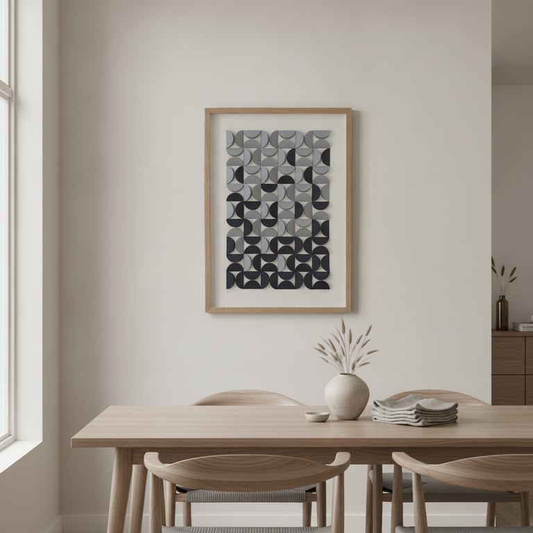 Spisestue med lyst træbord og fire stole, væg med abstrakt geometrisk kunst i træramme, vase med tørrede blomster og sammenfoldede grå klude på bordet.