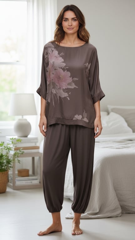 Kvinde iført brunsort loungewear med blomsterprint, stående i lyst soveværelse med seng og lampe i baggrunden.