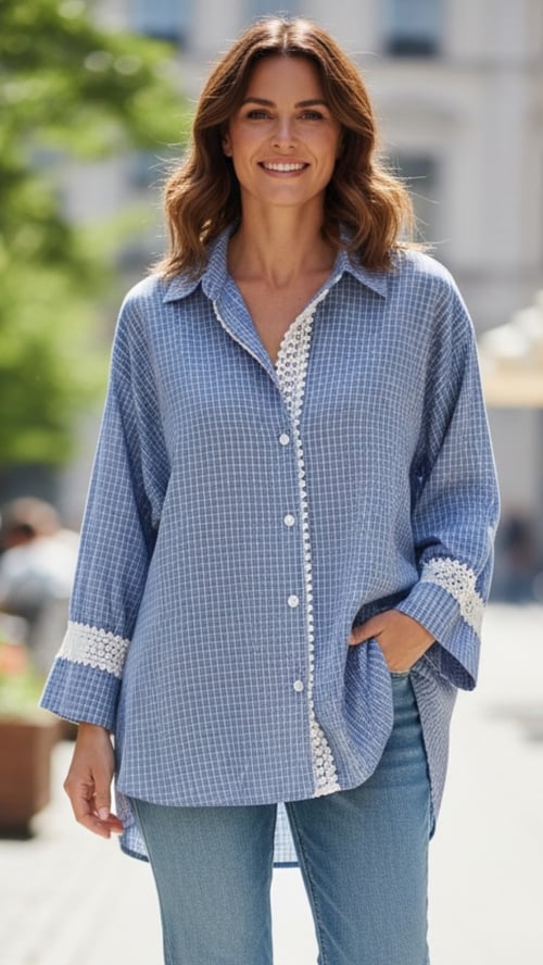 Britney cotton shirt. Blue w tern. Onesize 38-48. (1)