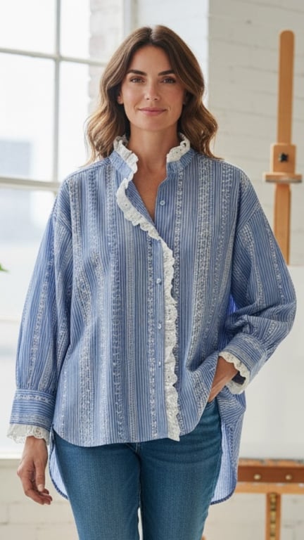 Lærke shirt. Blue stripes w flæse detaljer. Onesize 36-46.