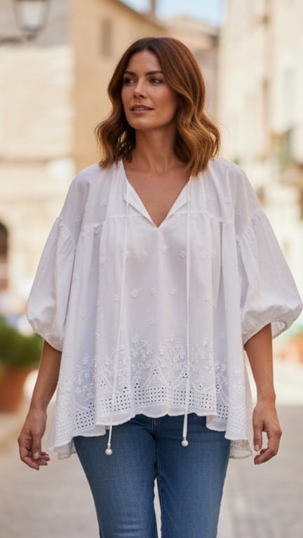 Ditte cotton shirt. White w broderi anglaise. Onesize 38-48.