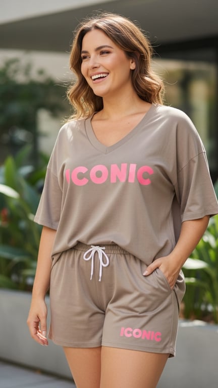 En smilende kvinde iført gråt sæt med pink teksten "ICONIC" på T-shirten og shorts, stående udendørs med grønne planter i baggrunden.