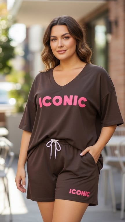 Kvinde iført mørkebrun t-shirt og shorts med pink tekst "ICONIC", står udendørs med hånd i lomme.