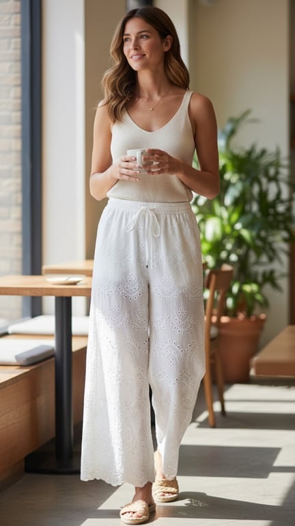 Simone summer pants, Creme. Mønster 3. Onesize 36-44.