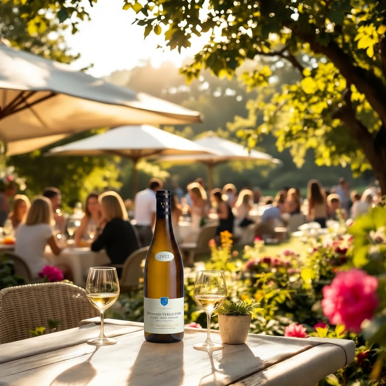 Flaske og to glas hvidvin på et bord i en solrig udendørs café med mennesker i baggrunden og blomster omkring.