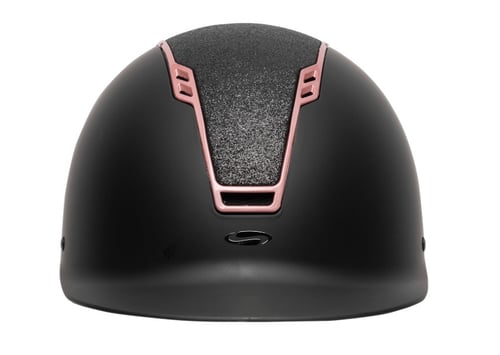 Sort ridestøvle med rosa detaljer set forfra på hvid baggrund. (1)