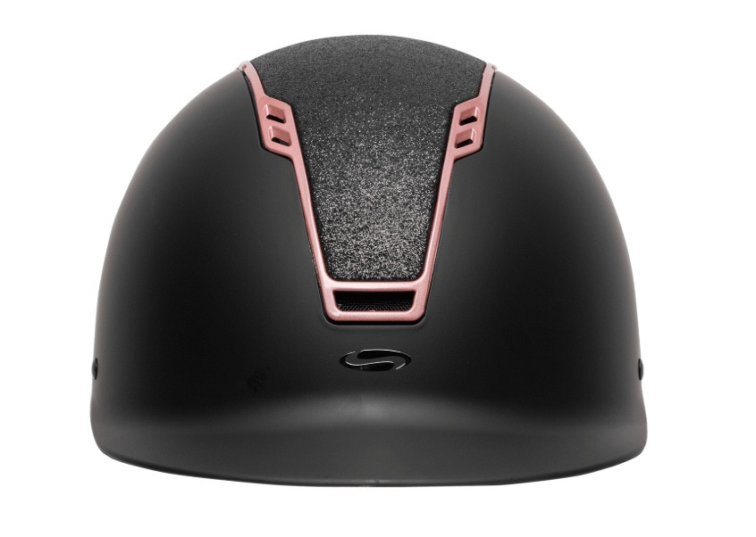 Sort ridestøvle med rosa detaljer set forfra på hvid baggrund.