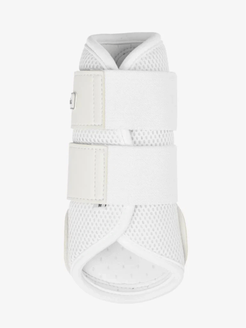 Hvidt beskyttelsesbind med dobbelt velcro-lukning og mesh-materiale, set forfra. (1)