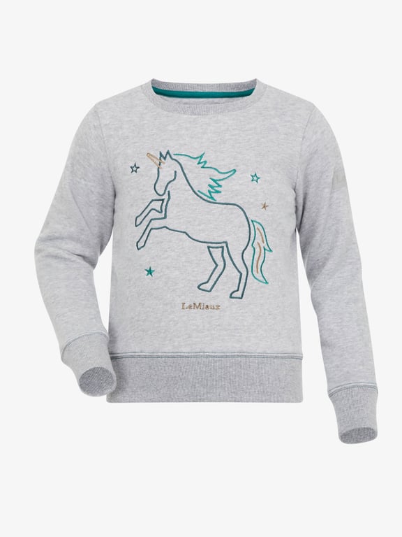 Grå børnesweatshirt med broderet enhjørning og stjerner samt teksten "LeMieux" foran.