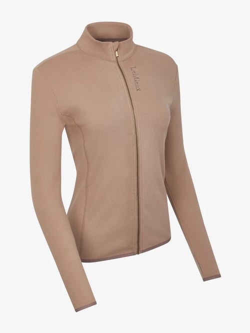 Beige fleecejakke med høj krave og lynlås, damefaconsyet. (1)