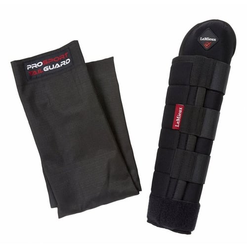 To sorte beskyttelsesærmer til heste, den ene med mærket "ProSport Tail Guard" og den anden med flere velcrobånd og mærket "LeMieux". (1)